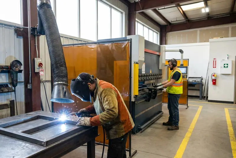 Welder behind a welding screen under a fume extraction arm, with a guarded press brake behind